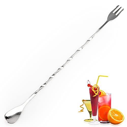 YUNAI Bar Rührlöffel aus Edelstahl mit Gabel, Gedrehter Barrel Löffel Barlöffel mit langem Griff und Spiralmuster Stiel für Barkeeper Home Restaurant, Cocktail Zubehör, 26cm, 2 in 1 von YUNAI