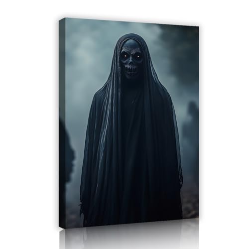 Dark Goth Raum Dekor Ästhetik Kapuze Skelett Wand Kunst Drucke Gruselige Dark Horror Kunst Poster Spooky Wanddekoration für Wohnzimmer 50x75cm Innenrahmen von YUNART