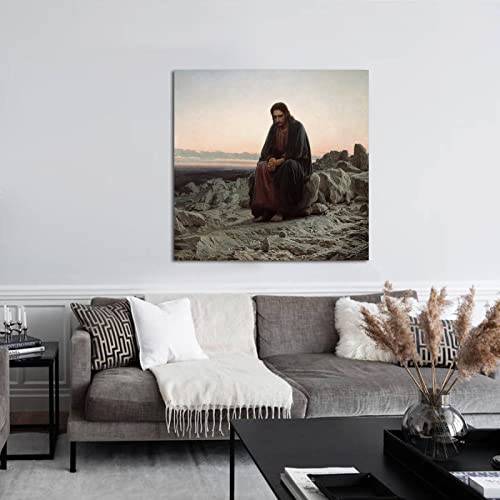 YUNART Christus in der Wüste von Ivan Kramskoy Berühmtes Gemälde Replik Wandkunst Dekoration für Wohnzimmer Schlafzimmer Küche Wohnkultur 80x80cm Innenrahmen von YUNART