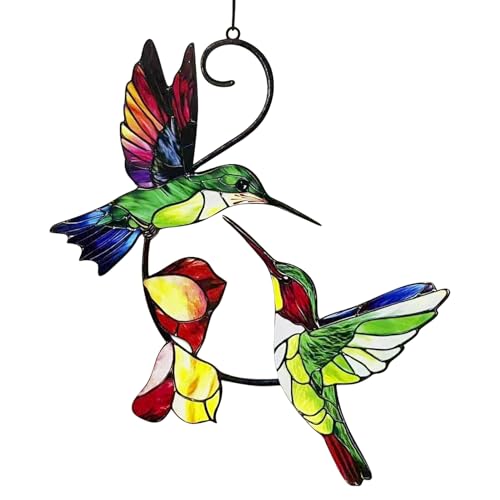 Kolibri mit Blume, Buntglas-Fensteraufhängung, 20,3 cm, zum Aufhängen an Fenster, Buntmetalle, Sonnenfänger, Kolibri, Gartendekoration, Geschenk für Frauen, Muttertag, Weihnachten (JSTY380-B) von YUNBIAOSEN