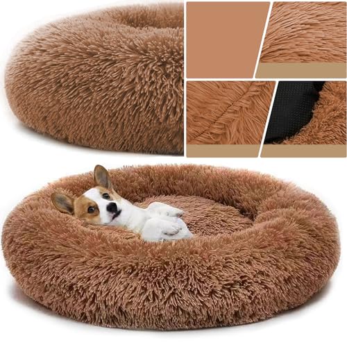 YUNDONGBA Hundebett waschbar, mit waschbarem Bezug, Hundekissen, Hundekorb, Katzenbett, Flauschiges Hundebett Donut Kissen für große mittelgroße kleine Hunde (Khaki, 100CM) von YUNDONGBA