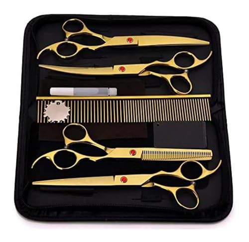 Profi Hundeschere Gebogene Schere Hund Fellschere, Professionelle Schere, Hundepflegescheren-Set, gerade und gebogene Effilierschere(Gold) von YUNFANOZ