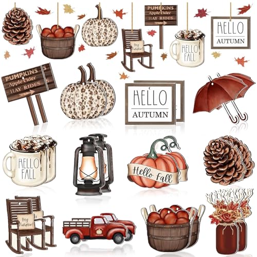 Deko Hänger Herbst Holz 24 Stück Autumn Decor Hänger Herbstdeko Innen Draußen Kürbis Kiefernzapfen Stühle Autos Fall Dekoration mit Schnur Thanksgiving Deko von YUNHENTONG
