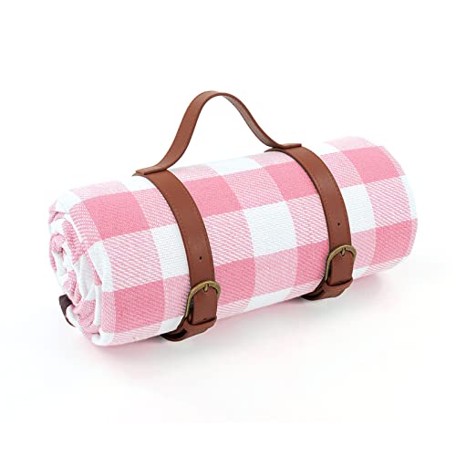 Picknickmatte Strandmatte Stranddecke Picknickdecke Picknickmatte Verdickte Außenmatte Tragbare Wasserdichte Frühlingsausflugsmatte Campingzelt-Picknicktuch Bei Wind,Rosa Und Weißes Gitter [200 * 150C von YUNHOME
