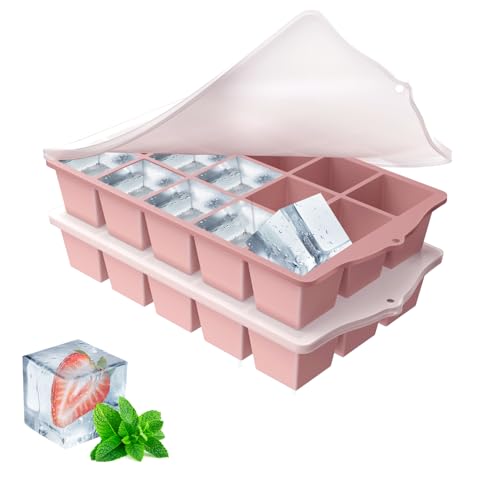 YUNISS Eiswürfelform Silikon, 2 Stück 15 Fach Eiswürfelschalen, Stapelbar Eiswürfelbehälter Mit Deckel BPA Frei, Sichere Gesunde Eiswürfel Form für Babybrei Cocktail Whiskey Kaffee Eiscreme -Rosa von YUNISS