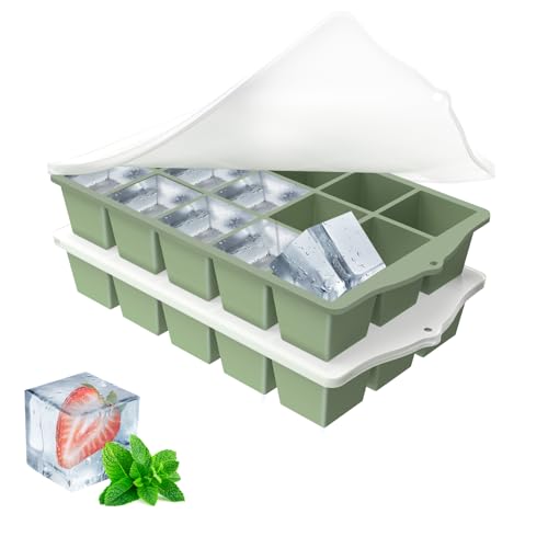 YUNISS Eiswürfelform Silikon, 2 Stück 15 Fach Eiswürfelschalen, Stapelbar Eiswürfelbehälter Mit Deckel BPA Frei, Sichere Gesunde Eiswürfel Form für Babybrei Cocktail Whiskey Kaffee Eiscreme -Grün von YUNISS