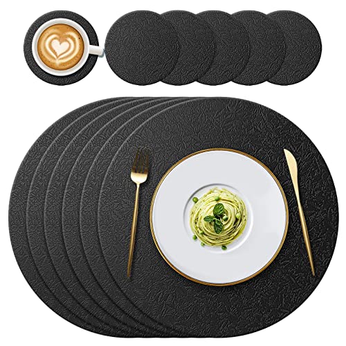 YUNJUER 6 runde Silikon-Platzsets (34 cm) und 6 Untersetzer (10 cm), hitzebeständig, 230 °C, rutschfest und waschbar, Tischsets für Hotel, Restaurant, Küche, Glas, Esstisch, schwarz von YUNJUER