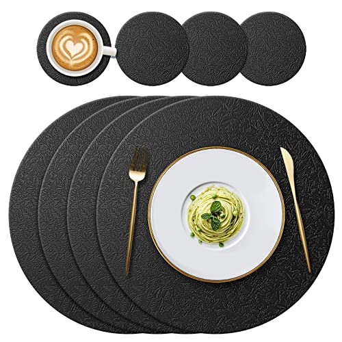 YUNJUER Runde Silikon-Platzsets (34 cm) und Untersetzer (10 cm), 4er-Set, hitzebeständig, 230 °C, rutschfest, waschbar, Platzsets für Zuhause, Hotel, Küche, drinnen und draußen, Glas-Esstisch, schwarz von YUNJUER