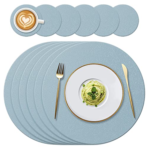 YUNJUER Runde Silikon-Tischsets (34 cm) und Untersetzer (10 cm), hitzebeständig, 400 °F, Tischsets, rutschfeste Tischsets für Hotel, Restaurant, Küche, Glas, Esstisch, 12 Stück, (hellblau) von YUNJUER