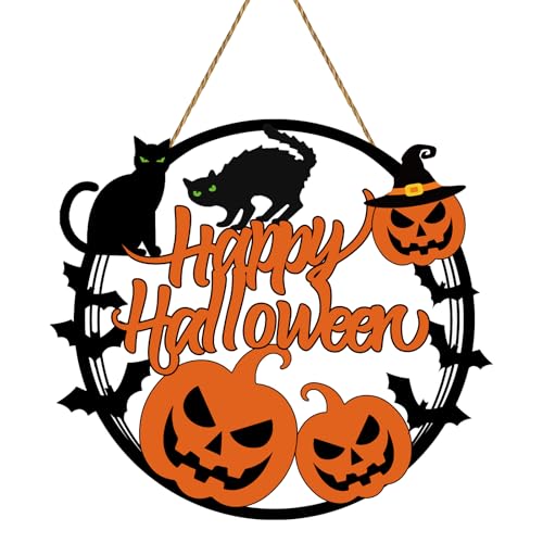 Halloween-Dekorationen, Halloween-Kranz, gruseliger Kürbis, schwarze Katze, Haustür-Dekorationen, Hängeschild, Holz-Haustürhänger für Wand, Innenbereich, Heimdekoration Halloween-Dekorationen, Halloween-Kranz, gruseliger Kürbis, schwarze Katze, Haustür-Dekorationen, Hängeschild, Holz-Haustürhänger für Wand, Innenbereich, Heimdekoration von YUNKKIN