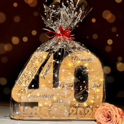 YUNLI Holz-Schild Gästebuch, 40 Geburtstag Frauen & Männer, Geburtstag Jubiläum mit LED Lichterkette und Cellophantüten, 2025 Holzschild Gästebuch Geburtstag, Geburtstagszahlen 40 Jahre Tischdeko von YUNLI