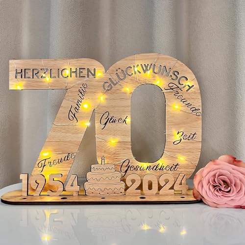 Holz-Schild Gästebuch, 70 Geburtstag Frauen & Männer, Geburtstag Jubiläum mit LED Lichterkette und Cellophantüten, 2024 Holzschild Gästebuch Geburtstag, Geburtstagszahlen 70 Jahre Tischdeko von YUNLI