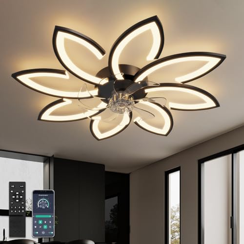 YUNLONG 90 cm Deckenventilator mit Beleuchtung Sehr Leise Wohnzimmer Dimmbar Led Lampe mit Ventilator Modern DC Motor Ventilator mit Licht Sommer Winter Funktion für Schlafzimmer Küche,Schwarz von YUNLONG