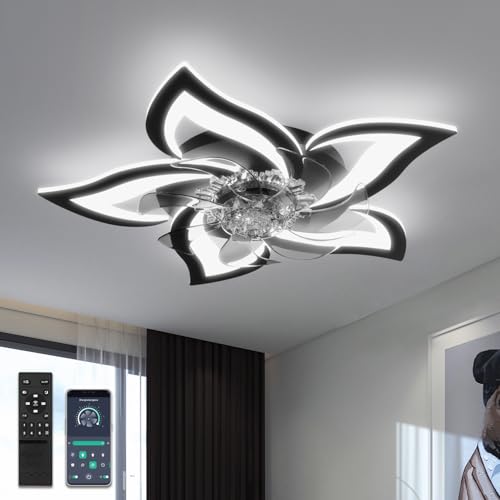 YUNLONG Deckenventilator mit Beleuchtung und Fernbedienung Leise Schwarz Deckenlampe mit Ventilator Reversible DC Motor Dimmbar Ventilator Lampe Decke mit 6 Geschwindigkeiten Sommer Winterbetrieb von YUNLONG
