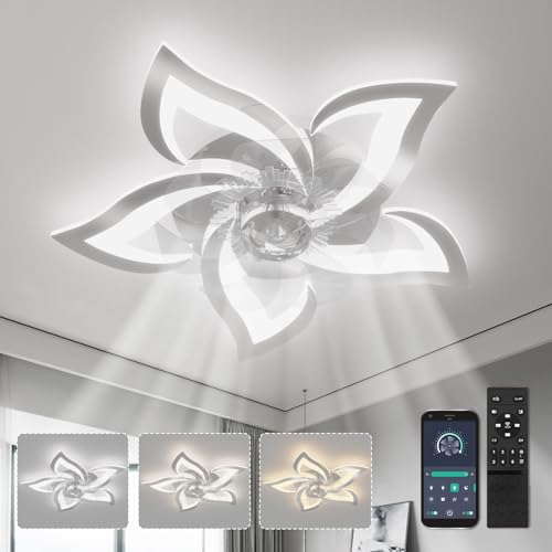 YUNLONG Deckenventilator mit Beleuchtung und Fernbedienung Leise Chrom Deckenlampe mit Ventilator Reversible DC Motor Dimmbar Ventilator Lampe Decke mit 6 Geschwindigkeiten Sommer Winterbetrieb von YUNLONG