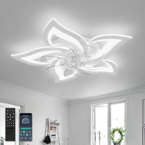 YUNLONG Deckenventilator mit Beleuchtung und Fernbedienung Leise Weiß Deckenlampe mit Ventilator Reversible DC Motor Dimmbar Ventilator Lampe Decke mit 6 Geschwindigkeiten Sommer Winterbetrieb von YUNLONG