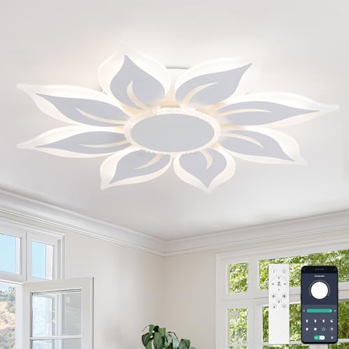 YUNLONG Led Deckenleuchte Dimmbar mit Fernbedienung Wohnzimmer, Ø 75cm Blume Wohnzimmerlampe Decke, 8 Led Lampen Deckenlampen Weiß, 106W, 8600LM, für Wohnzimmer, Schlafzimmer, Esszimmer, Wohnbereich von YUNLONG