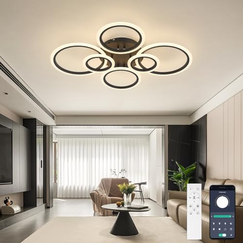 YUNLONG Ring Led Lampen Deckenlampen, Wohnzimmer Lampe Decke mit Remote APP, Deckenlampe Dimmbar, Speicher Funktion, Deckenleuchte mit Fernbedienung für Lobby, Hotel, Büro, Schwarz von YUNLONG