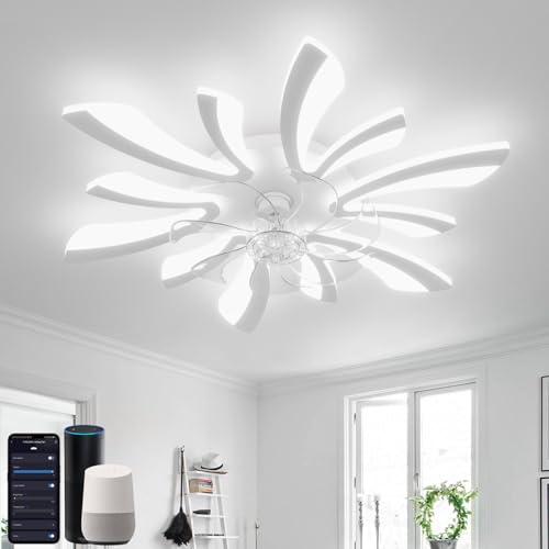YUNLONG Smart Deckenventilator mit Beleuchtung, WiFi Lampe mit Ventilator Leise Kompatibel mit Alexa Google Home, Sprach/Fernbedienung/App Steuerung, für Schlafzimmer, Küche, Weiß von YUNLONG