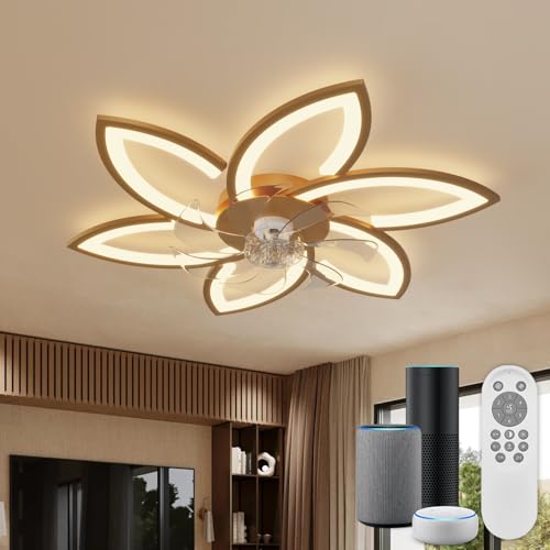 YUNLONG Smart Deckenventilator mit Beleuchtung Dimmbar, Kompatibel mit Alexa (Bluetooth, kein WLAN erforderlich), Leise Deckenleuchte mit Ventilator im Blumen design inkl. Fernbedienung, Gold von YUNLONG