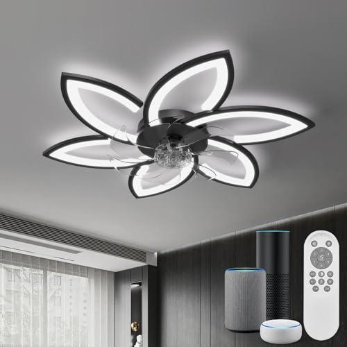 YUNLONG Smart Deckenventilator mit Beleuchtung Dimmbar, Kompatibel mit Alexa (Bluetooth, kein WLAN erforderlich), Leise Deckenleuchte mit Ventilator im Blumen design inkl. Fernbedienung, Schwarz von YUNLONG
