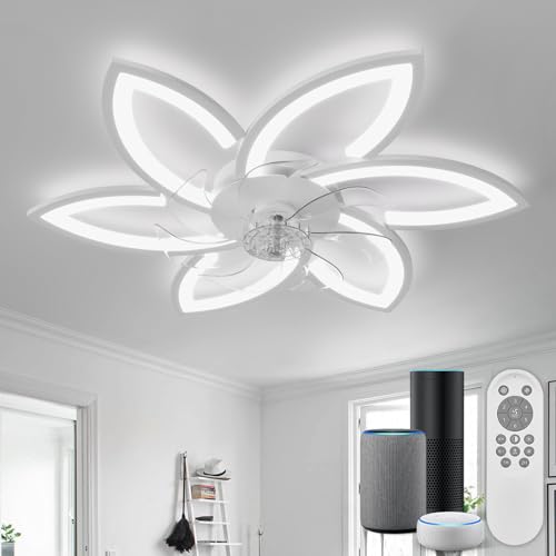 YUNLONG Smart Deckenventilator mit Beleuchtung Dimmbar, Kompatibel mit Alexa (Bluetooth, kein WLAN erforderlich), Leise Deckenleuchte mit Ventilator im Blumen design inkl. Fernbedienung, Weiß von YUNLONG