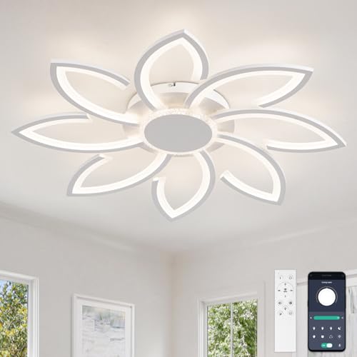 YUNLONG Wohnzimmerlampe Decke Modern Led Dimmbar, 80 cm Deckenlampe Wohnzimmer Groß, 98W, 8000LM, Deckenleuchte mit Fernbedienung Blumen Form Design, für Büro, Schlafzimmer, Weiß von YUNLONG