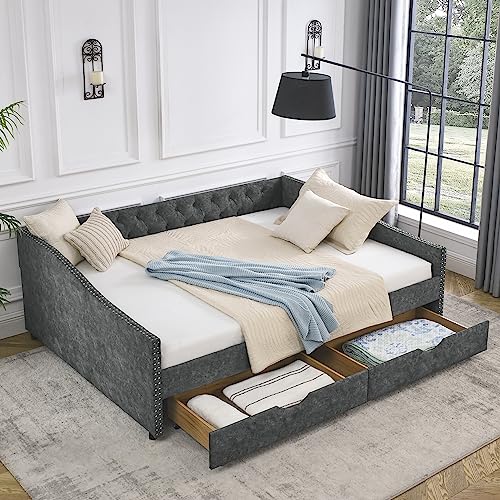 Queensize-Schlafsofa mit zwei Schubladen, gepolstertes Schlafsofa-Rahmen, mit Knöpfen, Kupfernägel auf gewelltem Arm, für Schlafzimmer, Wohnzimmer, Gästezimmer von YUNLife