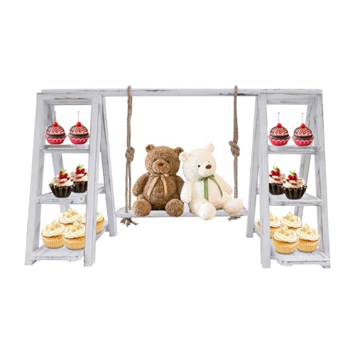 YUNRUX 3- Stöckiger Tortenständer Schaukel Typ Dessertturm Abnehmbar 3-Etageren Obstetagere Obstteller Servierständer Partygeschirr Kuchenständer Hochzeitstorte Stand Muffinständer Holzplatten Weiß von YUNRUX