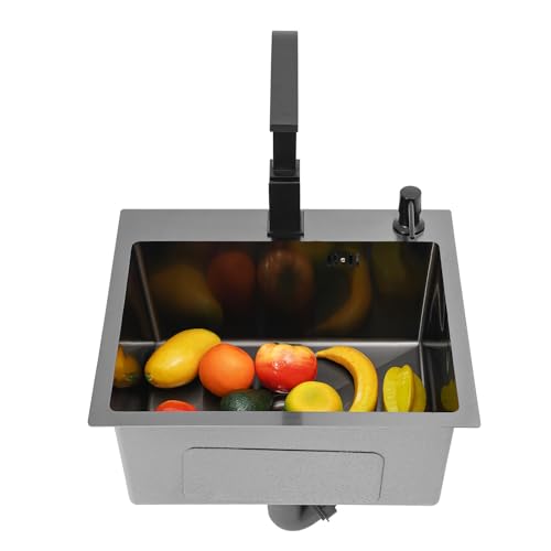YUNRUX 40x45cm Küchenspüle mit Seifenspender 180° gedreht Wasserhahn Spülbecken mit Schlauchanschluss Abflusskorb Edelstahl Einzelspüle Küchenspüle Campingküche Spüle X-förmige Abflussrohr schwarz von YUNRUX