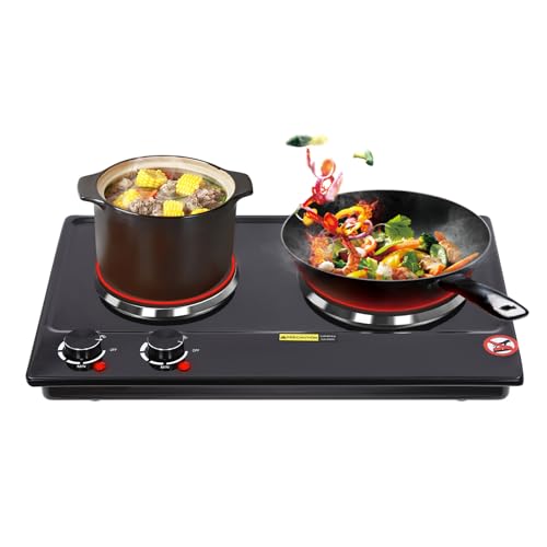 YUNRUX Elektrische Kochplatte 100-250℃ Doppelkopf-Elektroherd mit 2 Heizelemente 52*36*7cm Herdplatte 2 Kochfelder Kochfeld Autark 6 Einstellbare Heizleistung Elektro-Keramik-Herd mit Temperaturschutz von YUNRUX