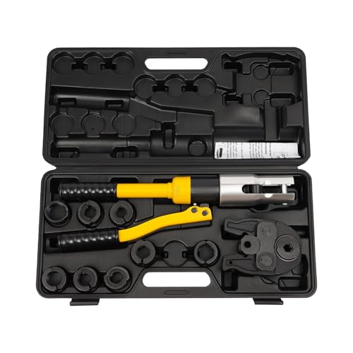 YUNRUX Hydraulische Crimpzange 10T Hydraulik Rohrpresszange 360°Kopf Quetschzange Presszange Handpressezange Radialpresse Crimpzange Kabelschuhe Zange mit 9 Crimpeinsätzen U16/20/25/32＋V12/15/18/22/28 von YUNRUX