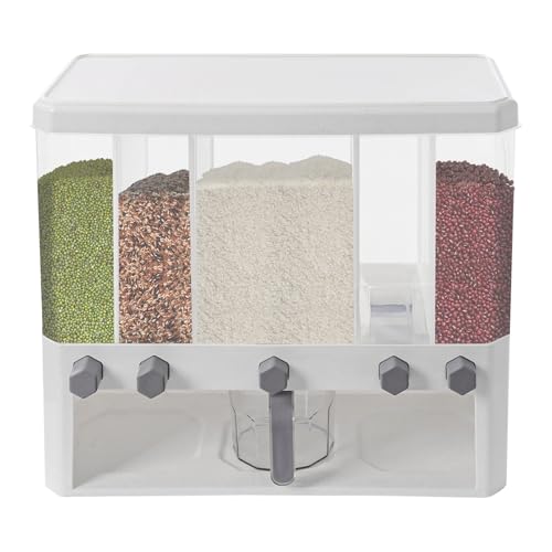 YUNRUX Reis Dispenser transparent 15kg Getreidedispenser 5 Fächer Reisbehälter mit Messbecher Reisspeicher mit Deckel Getreidereiseimer Müslispender Drucktastenschalter für Reis Trockenfutter Getreid von YUNRUX