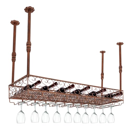 YUNRUX hängendes Weinregal für Raumhöhe 2.35-2.55m Retro Weinorganisator mit Glashalter 50kg Tragfähigkeit Küchenwandregal Deckenmontage Barregale Weinschrank Weinständer Flaschenregal (braun) von YUNRUX