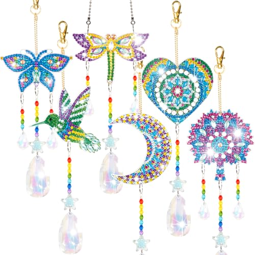 YUNVI 6 Stück Diamant-Malerei, Sonnenfänger, doppelseitig, 3D-Diamant-Malerei, Windspiel, Malen nach Zahlen, Kristalle, Edelstein, Diamant-Malerei, hängende Ornamente für Erwachsene, Zuhause, Garten von YUNVI