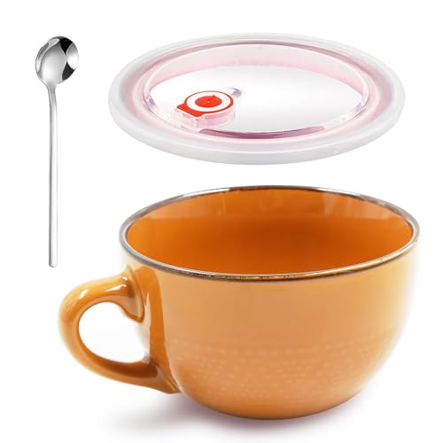 Groß Tasse Keramik, 700ml Groß Müslischalen mit Henkel, Salat Schale, Große Teetasse Mit Deckel und Löffel, Wiederverwendbar Porzellan Kaffee Tasse, Porzellan Suppenschüssel, Kaffeetasse Tasse(Orange) von YUNXCNA
