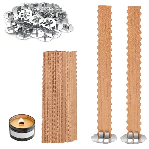 Kerzen Machen Holzdocht, 50 Stück Holz Kerzendochte für Kerzen, 13 x 130 mm Zuschneidbare Kerzendochte aus Holz, Spitze Holzkerzendocht mit 50 Stück Eisenständer, Geeignet für Partys, Abendessen von YUNXCNA