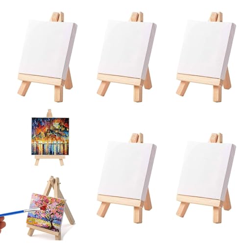 Mini Staffelei Holz, Mini Leinwände, Mini Staffelei Set, Kleine Tischstaffelei Holz StäNder Stativ Zum Zeichnen, StäNder Stativ Zum Zeichnen, Tisch Deko, Basteln (10x10cm,5Stück) von YUNXCNA