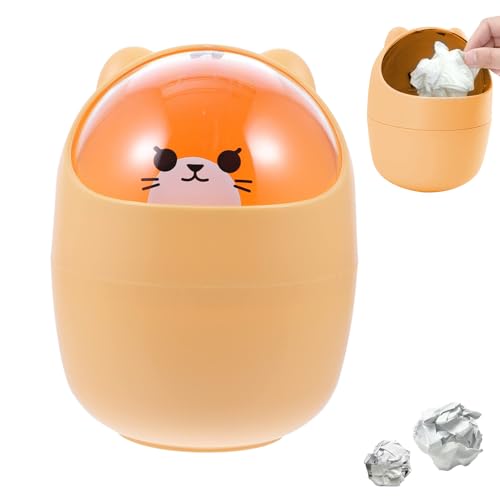 YUNXCNA Mini Schreibtisch Mülleimer mit Deckel, 16,5x12cm Tischmülleimer, Tragbarer Abnehmbarer Tischabfalleimer, Kreative und Niedliche Mülleimer, Mini Plastikeimer, Büro Mülleimer, Orange Bär von YUNXCNA