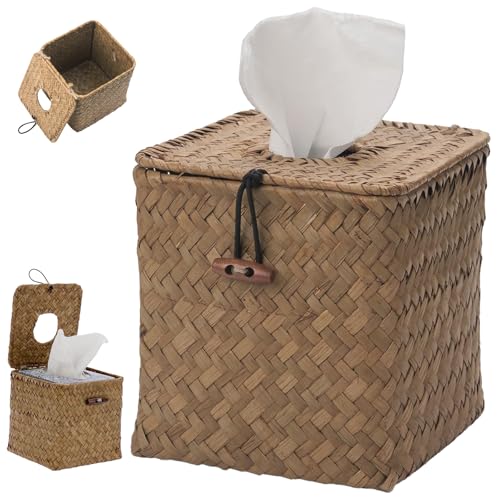 Seegras Tissue Box, Dekorativer Gewebter Papierhalter, Quadratische Gewebebox, Handgewebte Tissue Boxes, Tücherbox, Taschentücher Box Spender, Geeignet für Papiertücher, Handtücher, Khaki von YUNXCNA