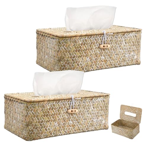 Seegras Tissue Box, 2 Stück Rechteckige Gewebte Tissue Box, Tücherbox, Dekorativer Gewebter Papierhalter, Handgewebte Tissues Boxes, Geeignet für Zuhause, kosmetiktücherbox, Weiß Abwischen ﻿ von YUNXCNA