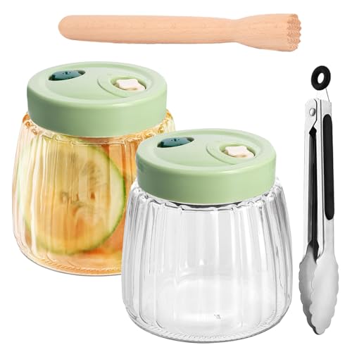 YUNXCNA 2 Stück 1L Fermentiergläser mit Doppelventil, Luftdichte Einmachgläser aus Glas, Fermentierglas, Fermentationsglas, Kimchi Behälter, mit Zange und Gärstampfer, für Sauerkraut von YUNXCNA