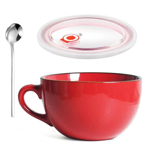YUNXCNA Groß Tasse Keramik, 700ml Groß Müslischalen mit Henkel, Salat Schale, Große Teetasse Mit Deckel und Löffel, Wiederverwendbar Porzellan Kaffee Tasse, Porzellan Kaffeetasse Tasse(Leuchtend Rot) YUNXCNA Groß Tasse Keramik, 700ml Groß Müslischalen mit Henkel, Salat Schale, Große Teetasse Mit Deckel und Löffel, Wiederverwendbar Porzellan Kaffee Tasse, Porzellan Kaffeetasse Tasse(Leuchtend Rot) von YUNXCNA