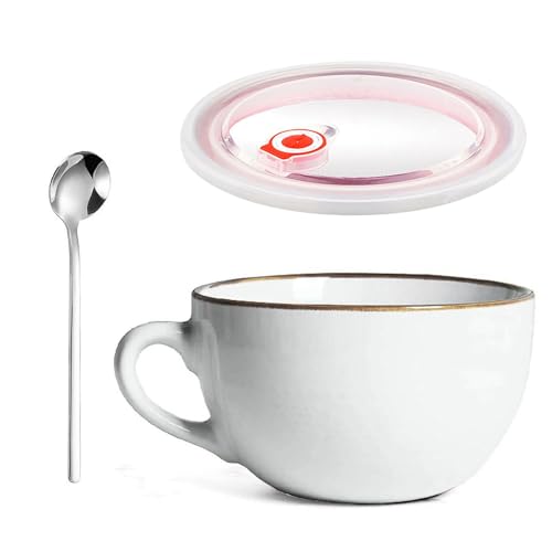 YUNXCNA Groß Tasse Keramik, 700ml Groß Müslischalen mit Henkel, Salat Schale, Große Teetasse Mit Deckel und Löffel, Wiederverwendbar Porzellan Kaffee Tasse, Porzellan Suppenschüssel(Weiß) von YUNXCNA