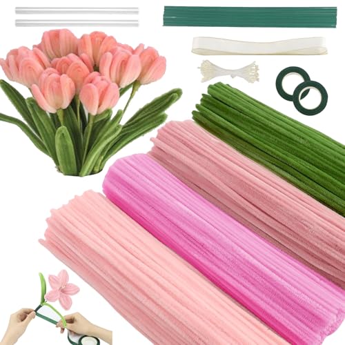 YUNXCNA Pfeifenreiniger Blumen Set, 400 Stück Pfeifenputzer zum Basteln, Handgemachte Blumensträuße Materialien, Biegeplüsch Bunt, Lieferung mit Grünem Basteldraht, Band und Klebeband, Rosa Satz von YUNXCNA