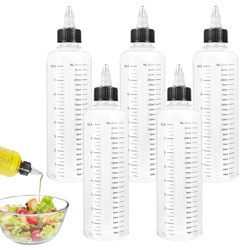 YUNXCNA Quetschflasche, 5 Stück 250ml Transparent Squeeze Flasche mit Skala, Spenderflaschen mit Drehverschluss, Klare Ölspender Quetschflasche, Für Saucen, Ketchups, Öle, Sojasauce(Schwarzer Deckel) von YUNXCNA