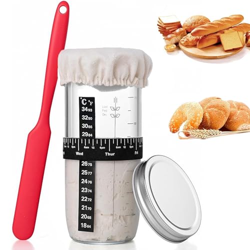 YUNXCNA Sauerteig Starter Set, 1000ml Sauerteigbro Backbehälter, Wiederverwendbare Sauerteig Glas Behälter, Futterband Datumsmarkierung, Thermometer, Silkonspachtel, Stoffabdeckung und Metalldeckel von YUNXCNA