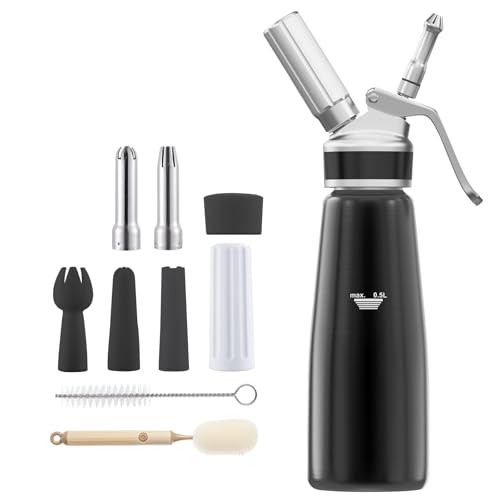 YUNYDSM 0.5L Sahnespender für Schlagsahne, Cremes und Soßen Schlagsahnebereiter mit 3 Edelstahl Spritztüllen Profi Sahnesyphon aus Aluminium 500mL YUNYDSM 0.5L Sahnespender für Schlagsahne, Cremes und Soßen Schlagsahnebereiter mit 3 Edelstahl Spritztüllen Profi Sahnesyphon aus Aluminium 500mL von YUNYDSM