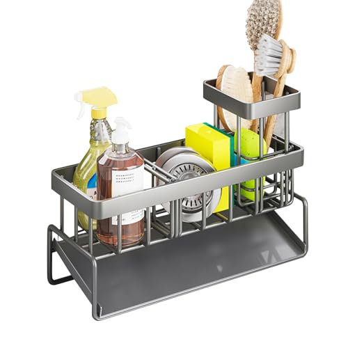 YUNYDSM Edelstahl Küchenspüle Caddy Küchenschwammhalter mit hohem Bürstenhalter Verstellbare Trennwand Geneigte Ablaufwanne Multifunktionales Spülbecken Zubehör für Schwamm Seife Spülbürste (Grau) von YUNYDSM