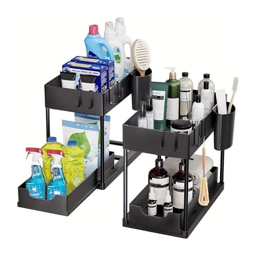 YUNYDSM Unter Waschbecken Regal, 2 Etagen Standregal, Küchen Organizer Mit Schiebeschublade, 2 Set Spülschrank Organizer, Mit 8 Haken und 2 Tasse, Mehrfunktional Küchenregal Gewürzregal (Schwarz) von YUNYDSM